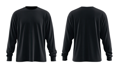 Dark navy long-sleeve crewneck t-shirt, front and back views.  High-quality mock-up of a plain, solid-color, casual top