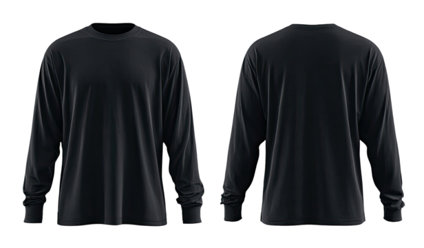 Dark navy long-sleeve crewneck t-shirt, front and back views.  High-quality mock-up of a plain, solid-color, casual top