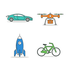 Naklejka premium Modern transportation and technology icons: car, drone, rocket, bicycle.