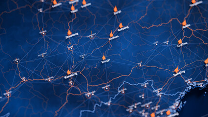 Xingyi map big data visualization. Futuristic map infographic of city in China. Visual map data complexity in modern blue and orange colors