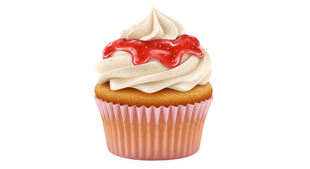 Strawberry cupcake: A delicious strawberry cupcake, featuring a swirl of creamy frosting and a vibrant drizzle of strawberry sauce, resting in a delicate pink cupcake wrapper, ready to be enjoyed.