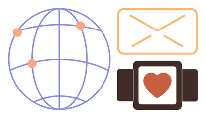 Globe with connection points, email envelope, smartwatch with heart. Ideal for communication, technology, love, global interaction, digital connection remote work smart devices. Simple flat