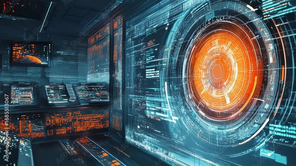 Poster futuristic control room monitoring system showing rotating circular interface and data stream