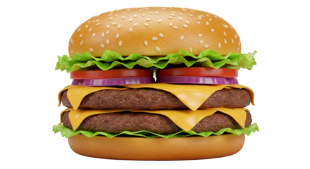 Delicious Gourmet Burger: A tempting gourmet burger with multiple layers, featuring juicy beef patties, melted cheese, crisp lettuce, and vibrant red onion rings, all nestled within a sesame seed bun.
