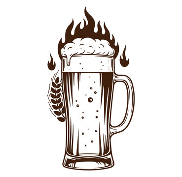 beer mug with flames, wheat, monochrome clip art preview
