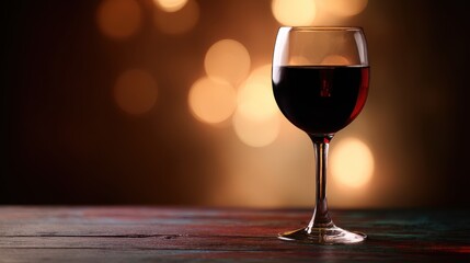 Red wine glass on dark wood surface with soft reflections, perfect for wine tasting events, restaurant menus, or sophisticated ambiance graphics.