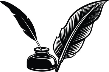  engraving vintage quill inkwell on parchment vector art illustration
