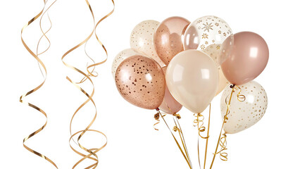 Soft muted cream and rose gold balloons with silver streamers for celebrations