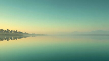 A serene body of water reflects surrounding foliage and distant hills under hazy dawn or dusk light,