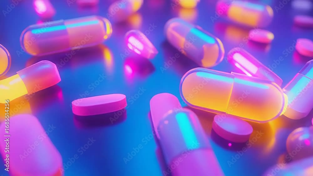 Poster colorful pills and capsules creating a vibrant and dynamic composition