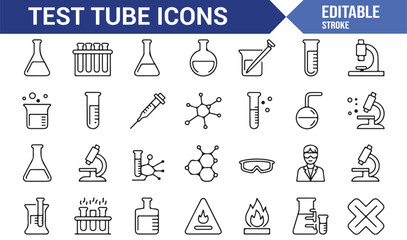 Editable test tube icon pack featuring flask, burner, goggles, reaction, organic, and inorganic structures