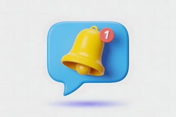 Bright yellow notification bell with a red badge displaying the number one floating above a blue speech bubble icon on a clean white background symbolizing alerts and new messages