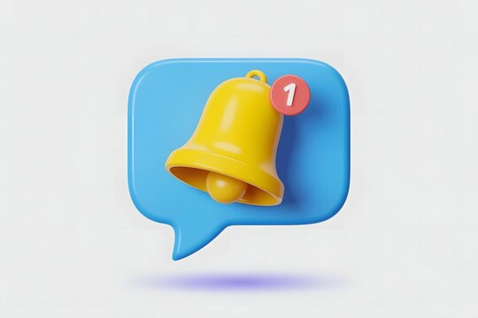 Bright yellow notification bell with a red badge displaying the number one floating above a blue speech bubble icon on a clean white background symbolizing alerts and new messages