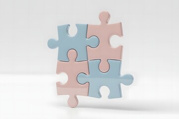 Four pastel colored puzzle pieces two blue and two pink are interlocked and floating against a clean white background symbolizing connection and completion