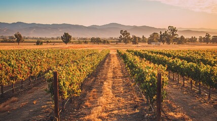 Luxury wine estate golden hour aerial: neat vine rows with warm light, soft distant hills background, premium property