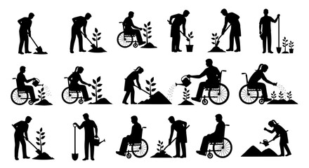 Vector art of diverse gardeners planting and watering plants, showcasing inclusivity and accessibility in gardening