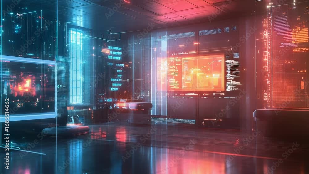 Poster futuristic command center showing data analysis and projections on transparent screens