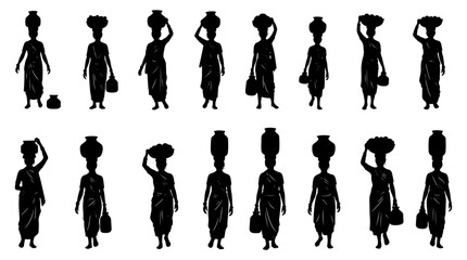 Vector art of silhouettes of african women carrying water pots on their heads traditional village life in africa