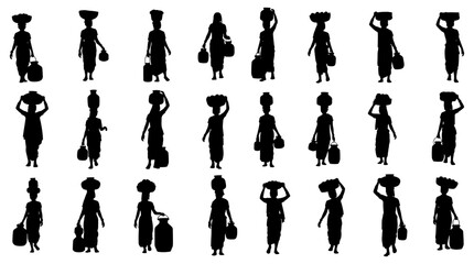 Vector art of silhouettes of african women carrying water pots on their heads traditional village life in africa