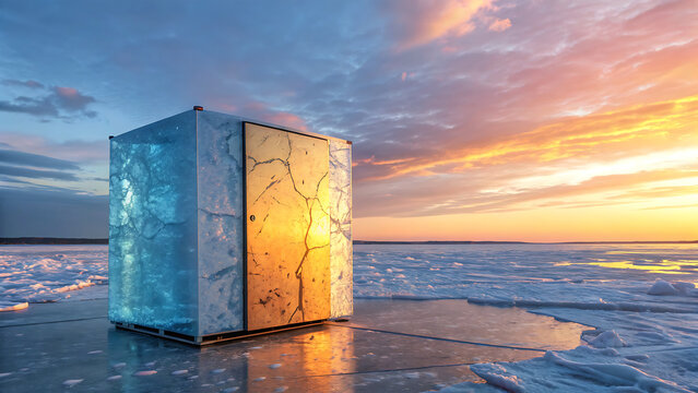 Abstract rectangular podium on shimmering water at sunrise with dramatic sky reflections