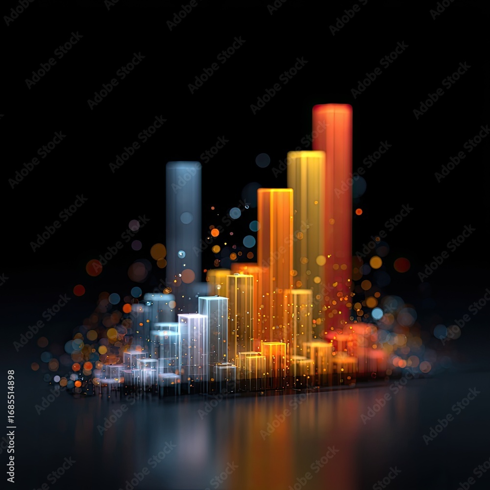 Poster illuminated multicolored bar graph against a dark background with bokeh lights