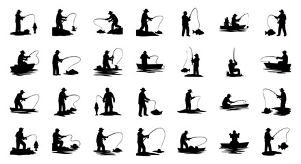 Vector art of set of fisherman silhouettes in different actions, ideal for fishing and outdoor activity related designs