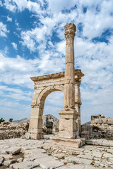 An arch and column in the Corinthian style in the ancient city of Sagalassos in the Aglasun district of Burdur province in Turkey.