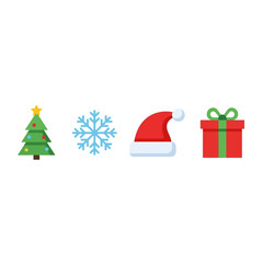Simple Christmas icons: tree, snowflake, Santa hat, gift.