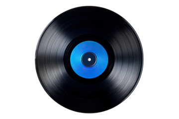 Close-up of a black vinyl record with a vibrant blue label (3)