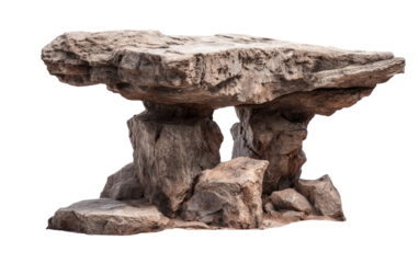 Large, sculpted rock formations, a flat top, and two pillars