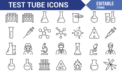 Editable stroke test tube icons collection with laboratory glassware, microscope, molecules, and hazard symbols