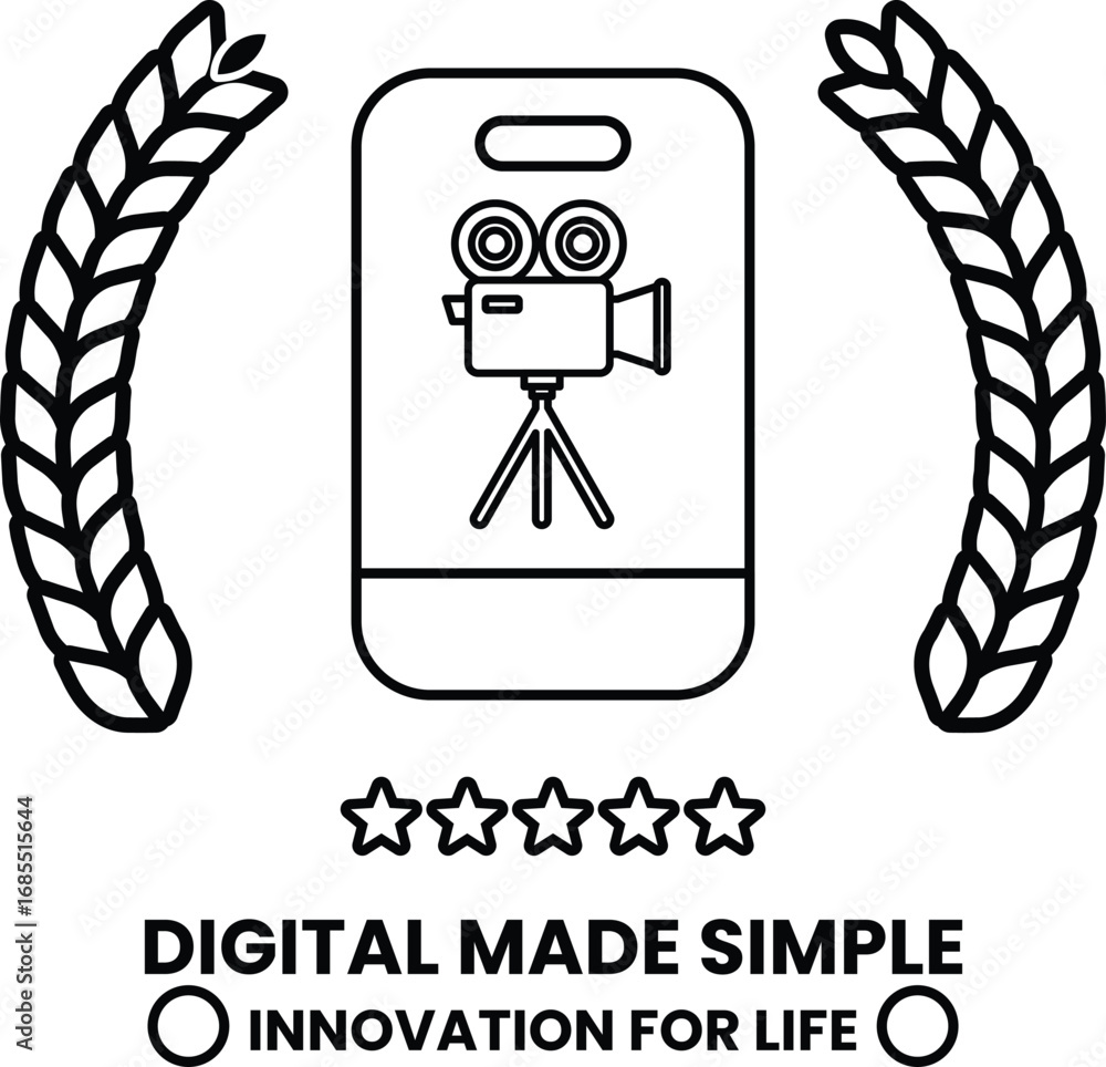 Poster a black and white image of a camera with a tripod and a laurel wreath