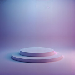 minimalist dark purple background with a 3d two tiered circular podium, softly lit by a gradient of blue and pink light, technology concepts, product displays, or sleek mockups
