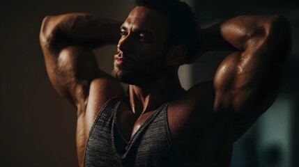 Muscular man with arms behind head showcasing powerful physique and sweat glistening skin after intense workout in dramatic lighting