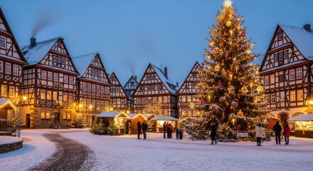 Naklejka premium Winter Town Square Festive Christmas Tree and Market Stalls