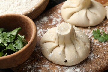 Uncooked khinkalis (dumplings) and parsley on wooden board, closeup