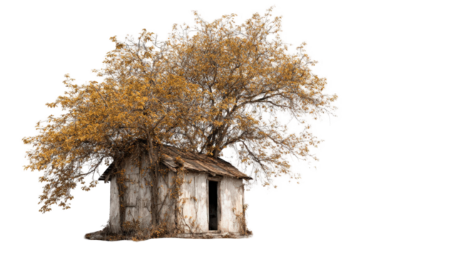 Abandoned cabin nestled beneath a large, autumnal tree