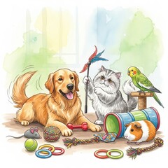 Fototapeta premium Pets enjoying playtime together in a cozy indoor setting filled with colorful toys