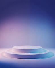 minimalist dark purple background with a 3d two tiered circular podium, softly lit by a gradient of blue and pink light, technology concepts, product displays, or sleek mockups