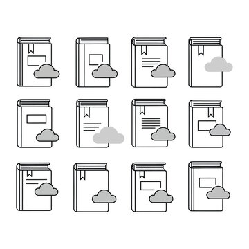 Digital Library Iconography: An array of illustrated book icons, each representing a digital library element.