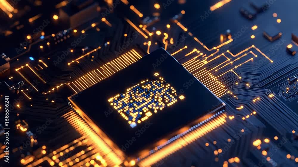 Poster cpu processing data on motherboard with glowing connections