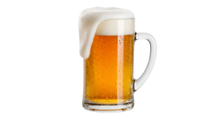 Frothy Beer in Mug: The image presents a clear glass mug filled with a golden, refreshing beer. A generous head of frothy foam overflows.