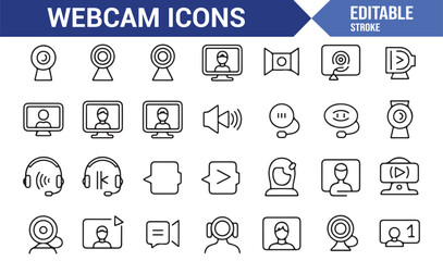 Webcam icons in outline style featuring streaming, video, sound, talk, presentation, and communication