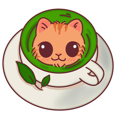 Cute Cat and Matcha Drink, Happy Kitten in Home Cafe