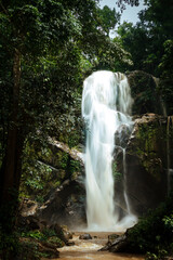 Obraz premium This image is a powerful, long-exposure shot of a waterfall in a dense, green forest. The keywords should focus on the elements of water, the surrounding jungle, and the peaceful atmosphere.