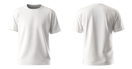 Front and back view of a plain white t-shirt.  It's a  mockup, digitally rendered.  Short sleeves, crew neck