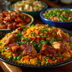 Family-Style Platter of Peruvian Arroz con Pollo with Cilantro Rice, Chicken, Peppers, and Peas, Vibrant Macro Food Photography