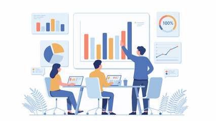 Team analyzing data presentation business meeting with charts and graphs for financial growth strategies transparent background