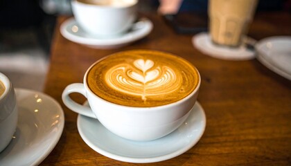 Cup of cappuccino with latte art on cafe table
