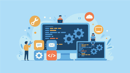 Modern software development process with coders and digital interfaces programming and technology concepts transparent background